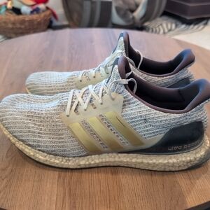 Size 14- adidas UltraBoost White Gold Metallic Running Shoes Sneakers